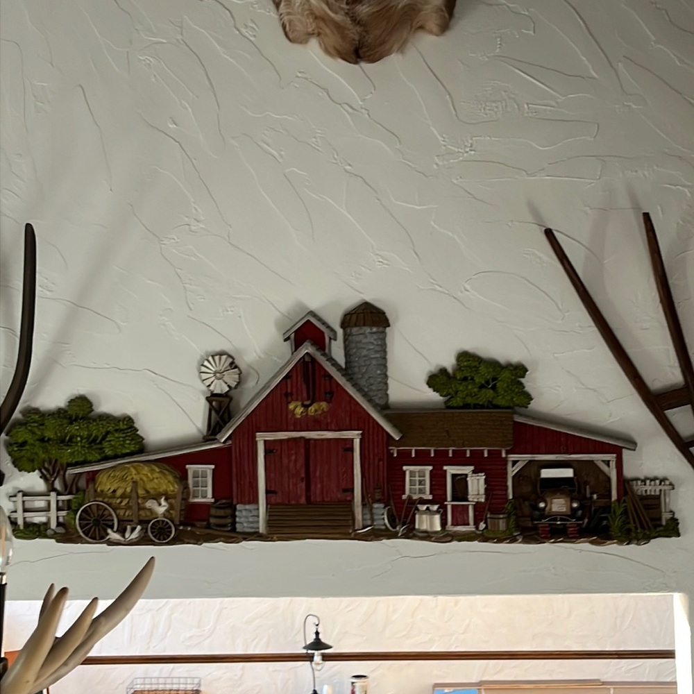Vintage 1970’s but wood barn farm scene 3d wall art plaque